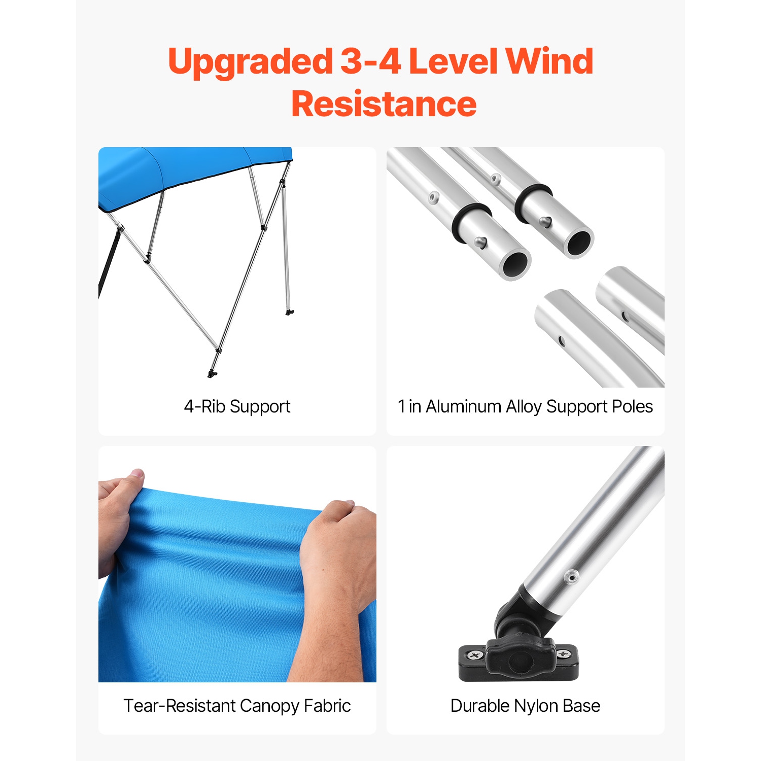 VEVOR 4 Bow Boat Bimini Tops, 600D Polyester Canopy with Aluminum Alloy Frame, Waterproof & Sun Shade, with Storage Bag, 2 Support Poles, 4 Straps,