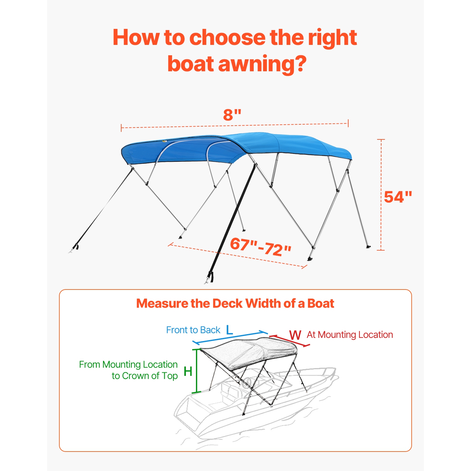 VEVOR 4 Bow Boat Bimini Tops, 600D Polyester Canopy with Aluminum Alloy Frame, Waterproof & Sun Shade, with Storage Bag, 2 Support Poles, 4 Straps,