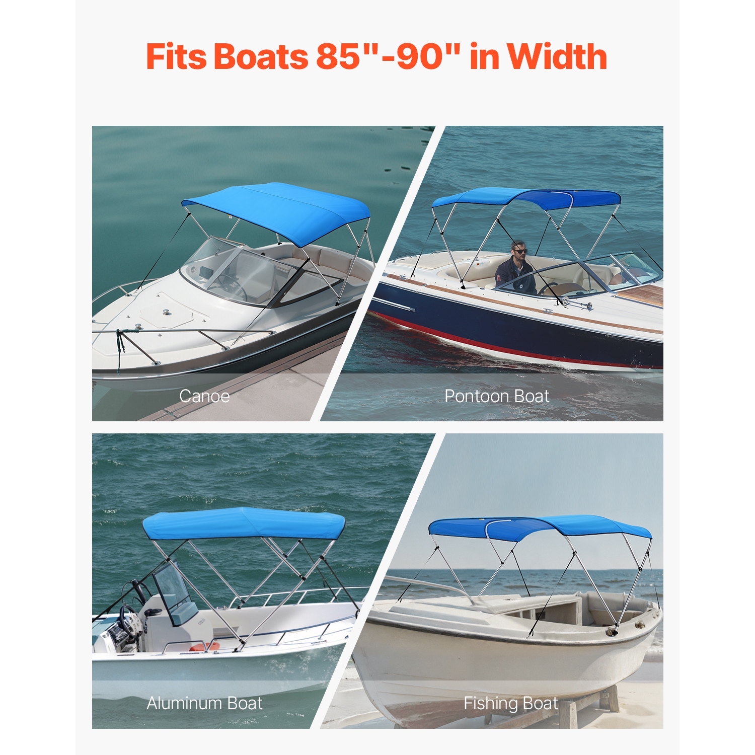 VEVOR 3 Bow Boat Bimini Tops, 600D Polyester Canopy with Aluminum Alloy Frame, Waterproof & Sun Shade, with Storage Bag, 2 Support Poles, 4 Straps,