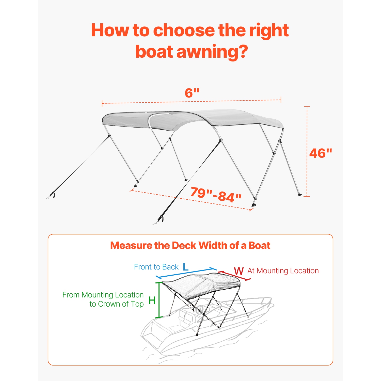 VEVOR 3 Bow Boat Bimini Tops, 600D Polyester Canopy with Aluminum Alloy Frame, Waterproof & Sun Shade, with Storage Bag, 2 Support Poles, 4 Straps,