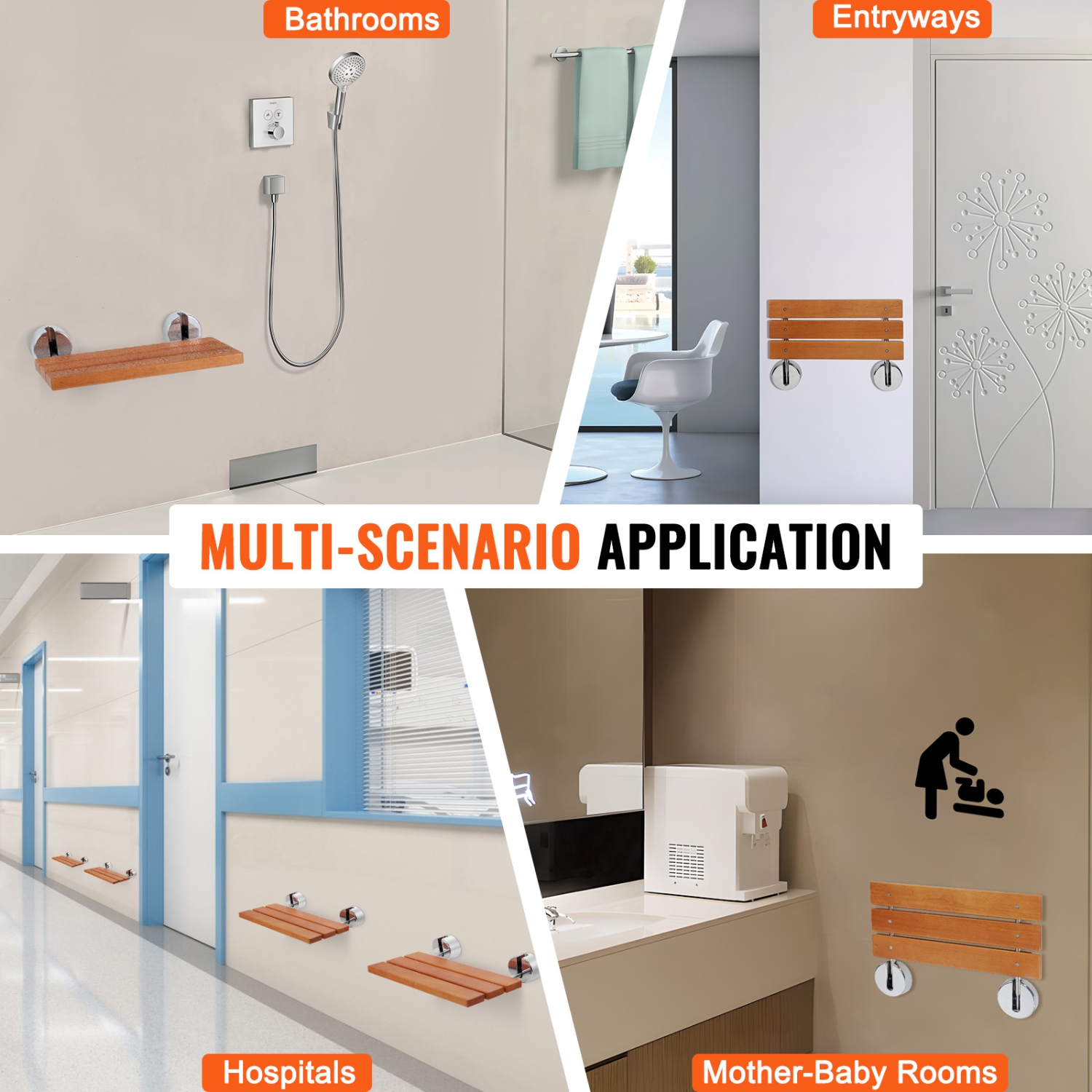 Siège de douche pliant en teck VEVOR, 20,1&nbsp;po x 13,2&nbsp;po déplié, banc de douche mural pliable avec capacité 440&nbsp;lb, chaise de douche