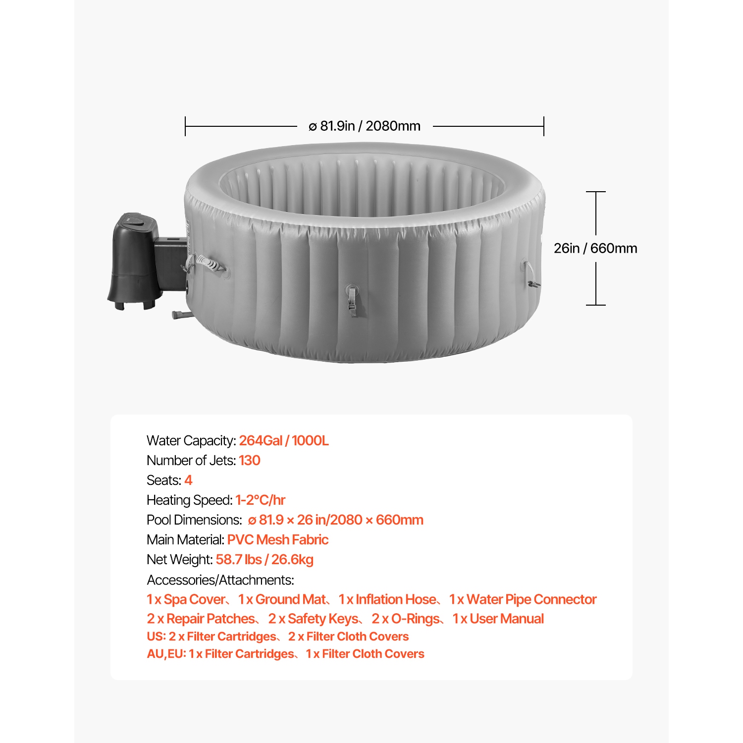 VEVOR Inflatable Hot Tub, 4 to 6 Person Capacity, 81.9 x 26 in Round, with 130 Soothing Jets, Filter, Cover and Mat, Multi-function Control Panel,