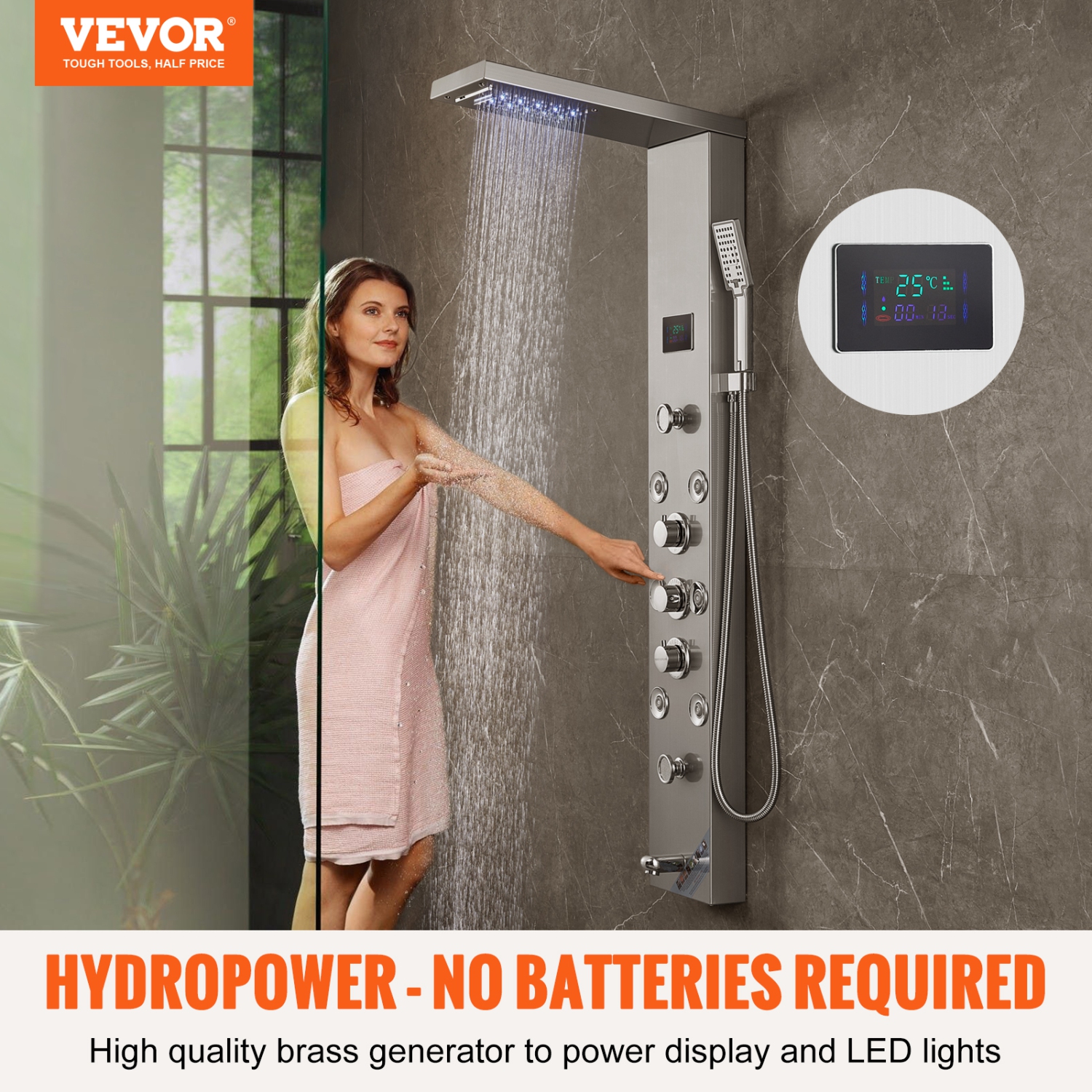 VEVOR Shower Panel System, 6 Shower Modes, LED & Screen Hydroelectricity Shower Panel Tower, Rainfall, Waterfall, 8 Massage Jets, Tub Spout,