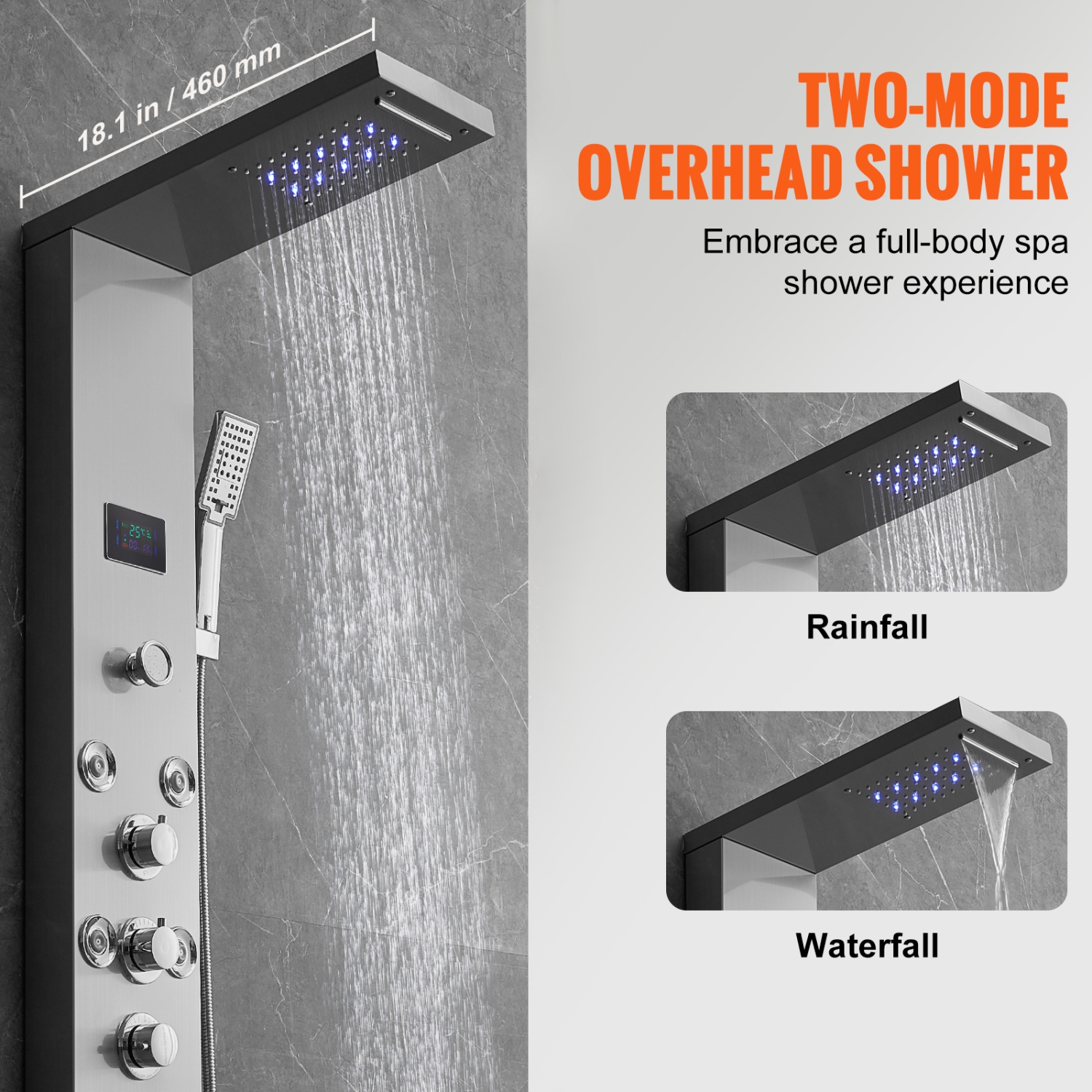 VEVOR Shower Panel System, 6 Shower Modes, LED & Screen Hydroelectricity Shower Panel Tower, Rainfall, Waterfall, 8 Massage Jets, Tub Spout,