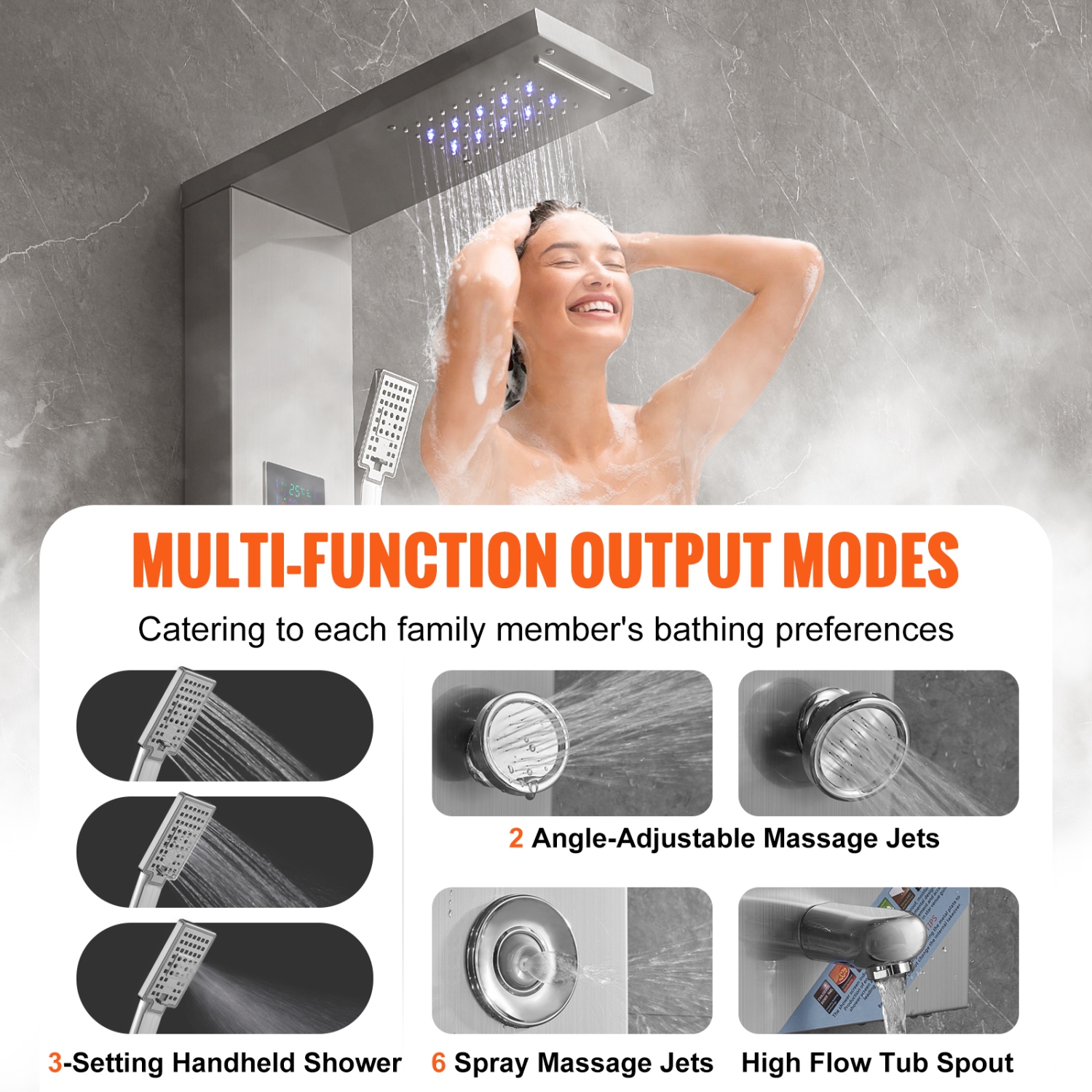VEVOR Shower Panel System, 6 Shower Modes, LED & Screen Hydroelectricity Shower Panel Tower, Rainfall, Waterfall, 8 Massage Jets, Tub Spout,