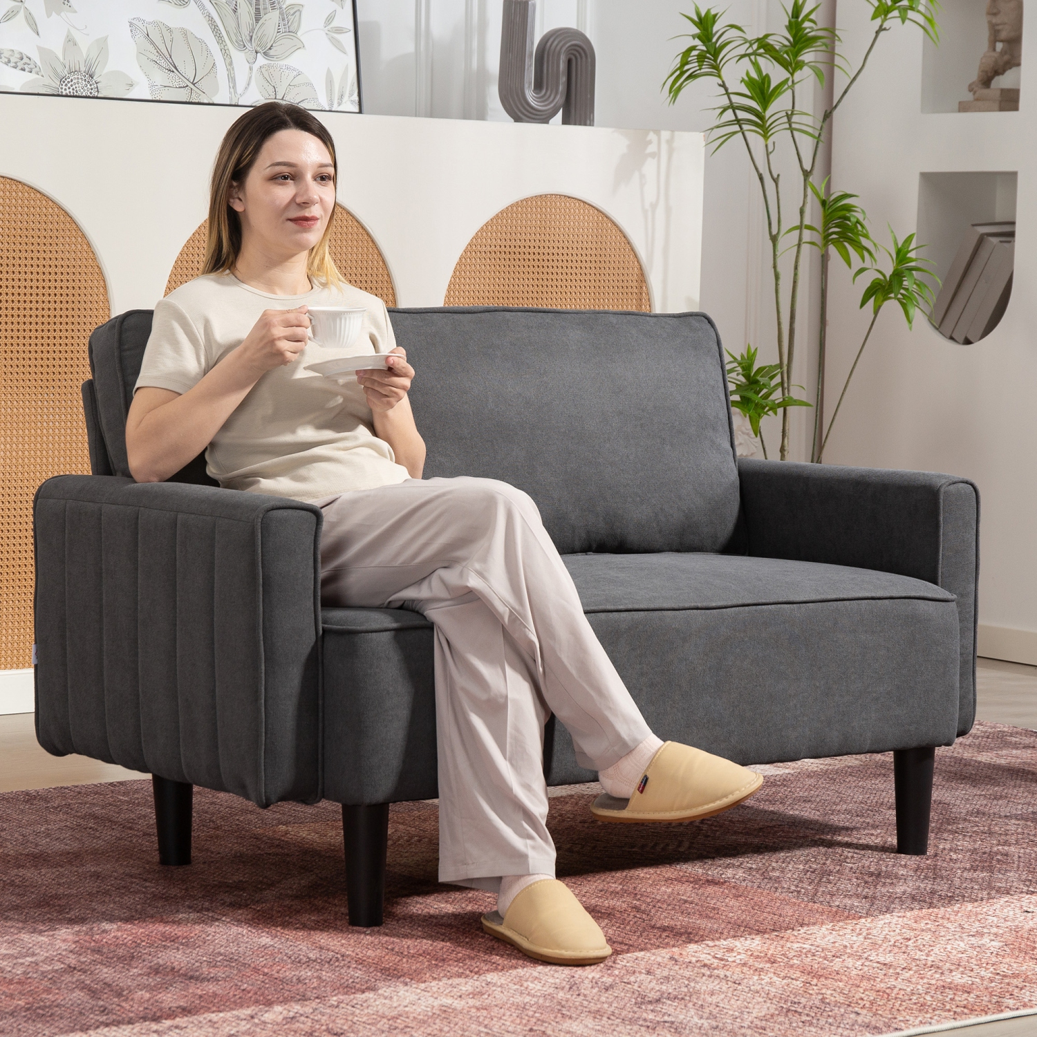 HOMCOM – Causeuse, canapé 2 places moderne en lin avec siège et dossier rembourrés épais, petit canapé rembourré pour le salon, le bureau à domicile,