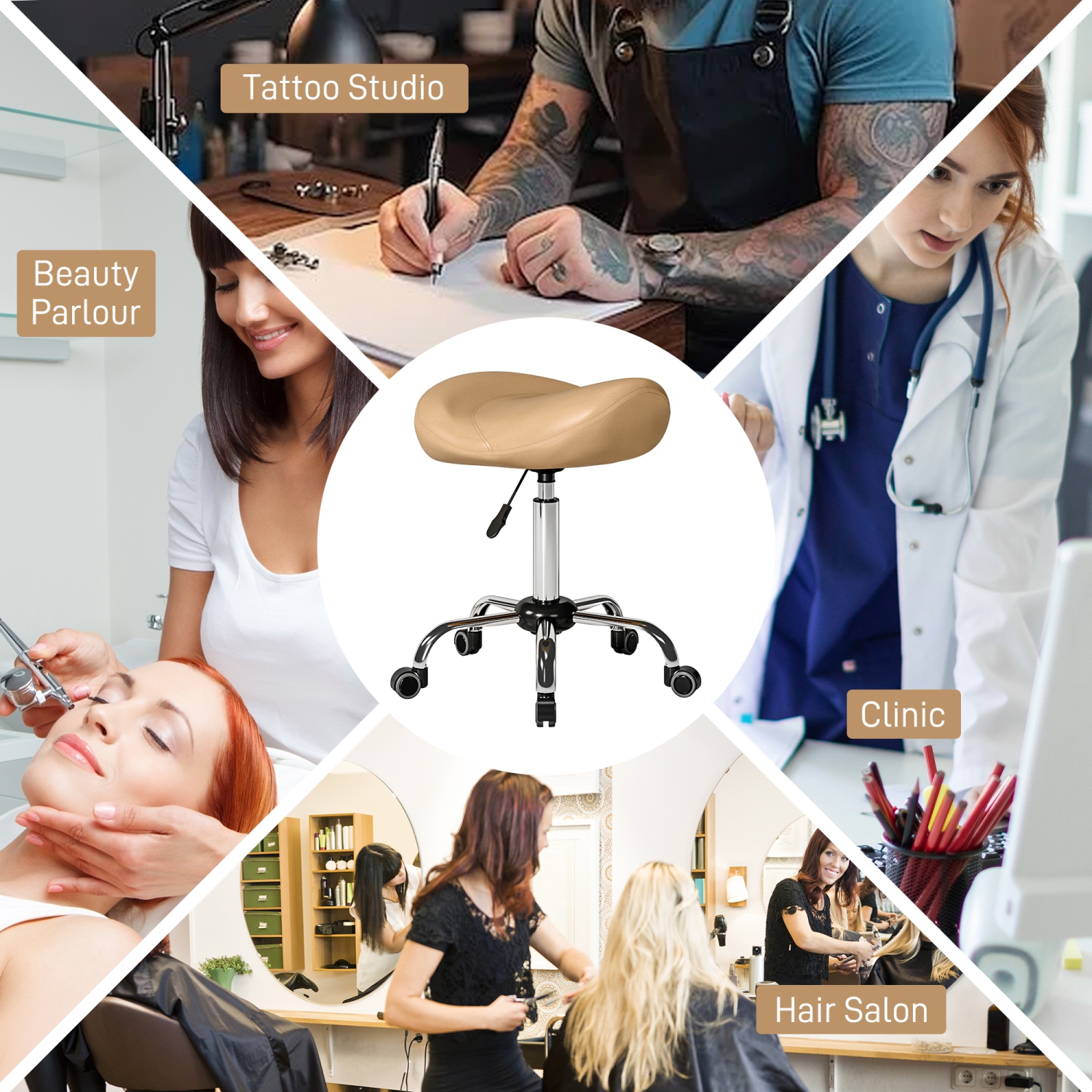 HOMCOM Saddle Stool, Height Adjustable Rolling Salon Chair with PU Leather for Massage, Spa, Clinic, Beauty and Tattoo, Brown