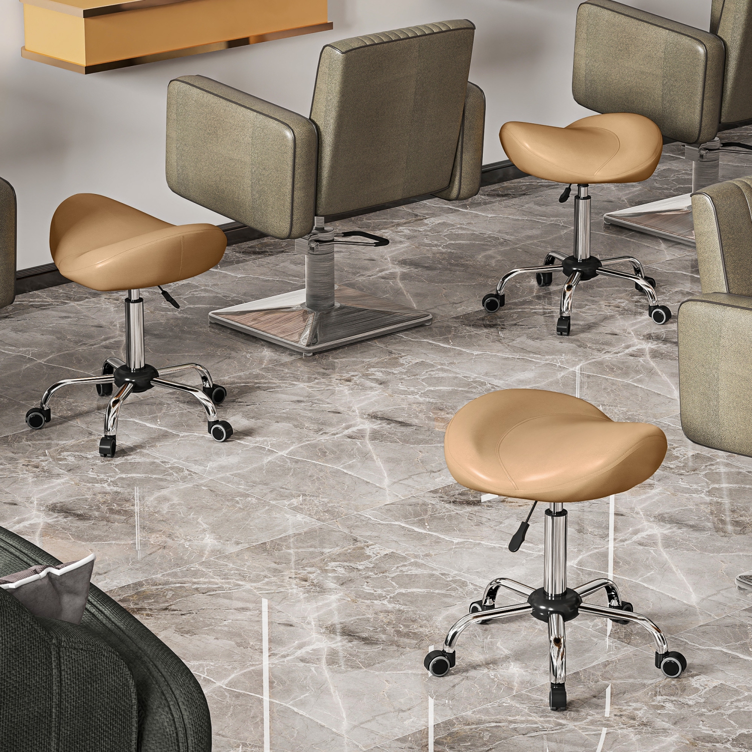 HOMCOM Saddle Stool, Height Adjustable Rolling Salon Chair with PU Leather for Massage, Spa, Clinic, Beauty and Tattoo, Brown