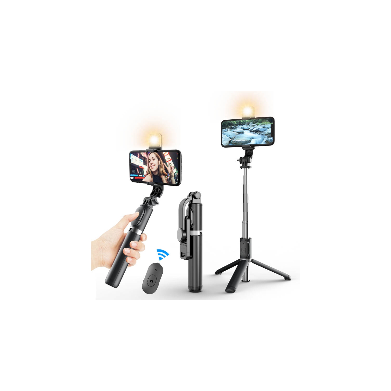 Téléphone mobile perche à égoportrait Q02S trépied de voyage télescopique portatif antitremblement Support photo direct [noir] 1 m * Télécommande