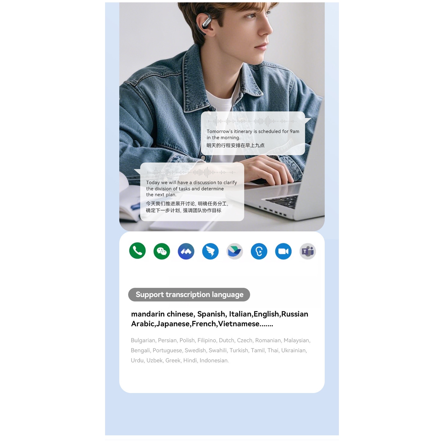 M118AI translation headset, ultra-long battery life, power display, semi-in-ear Bluetooth headset, support 137 language translation, Bluetooth 5.4