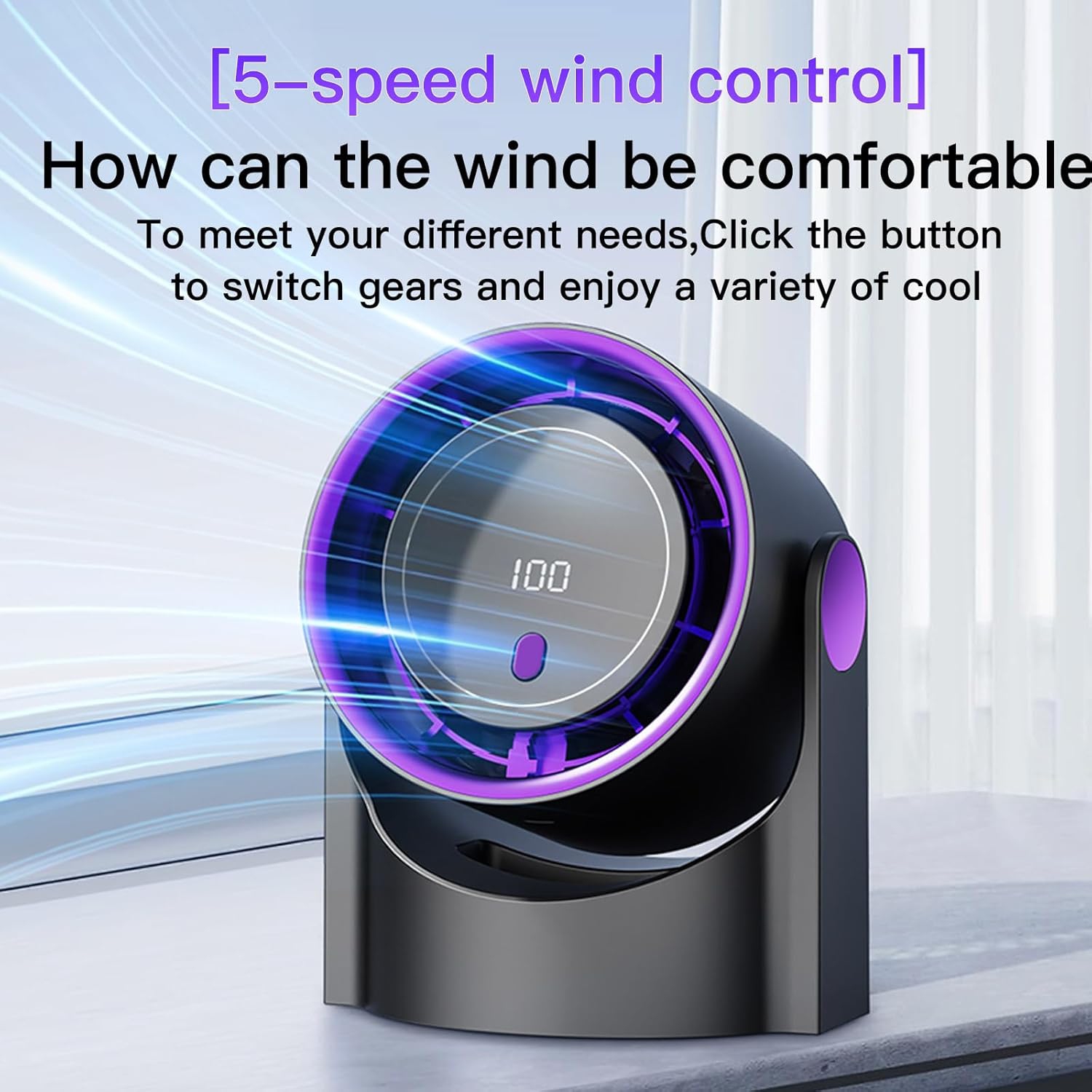 Table fan, rechargeable portable fan with 90° rotating head, LED digital power display and 5-speed wind speed adjustment function, ultra-quiet small