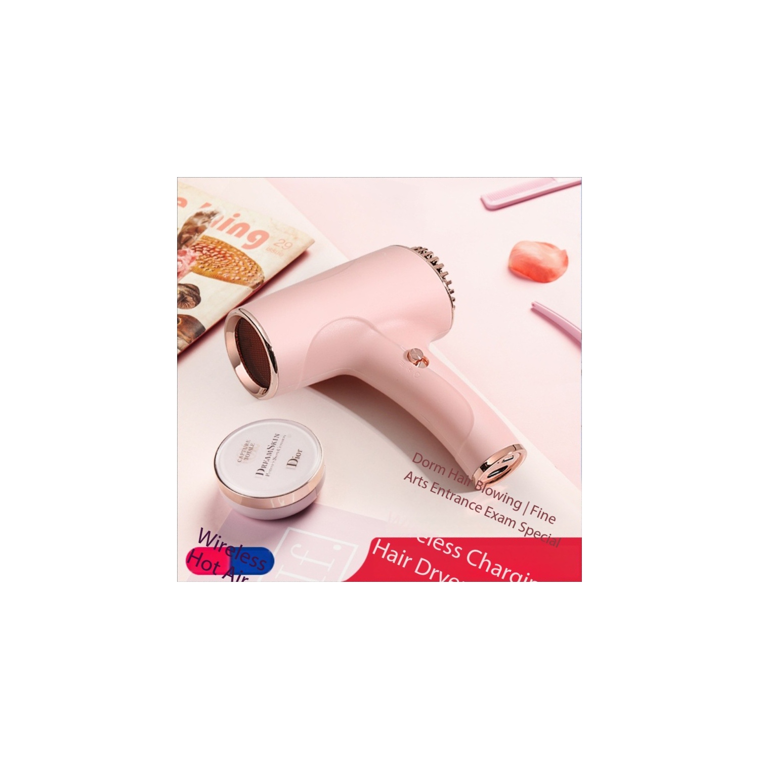 Wireless portable charging home hair salon negative ion quick-drying mini hair dryer USB charging low noise ion pink with 2 power supply charging