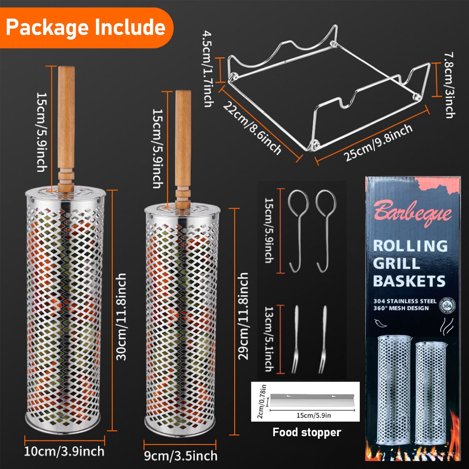 Rolling Grill Basket(2PCS), Removable Wooden Handle, 304 Stainless Steel, Nesting Grill Net, BBQ Accessories Tool for Outdoor Cooking Camping