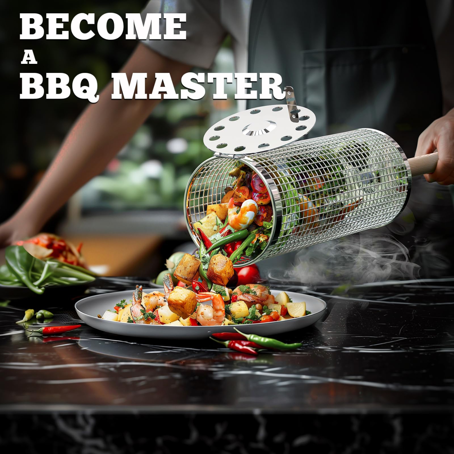 Rolling Grill Basket(2PCS), Removable Wooden Handle, 304 Stainless Steel, Nesting Grill Net, BBQ Accessories Tool for Outdoor Cooking Camping