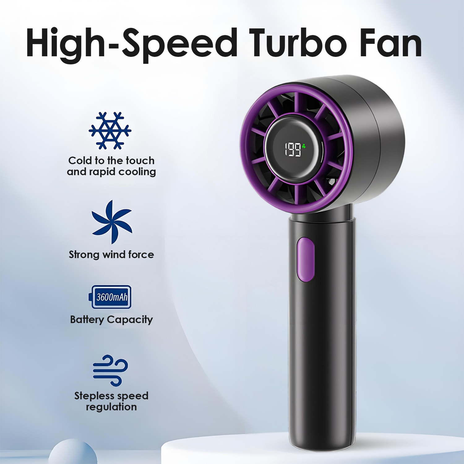 Mini ventilateur portatif portatif, chargement USB Écran numérique intelligent Ventilateur haute vitesse adapté à la chambre, au bureau et aux voyages