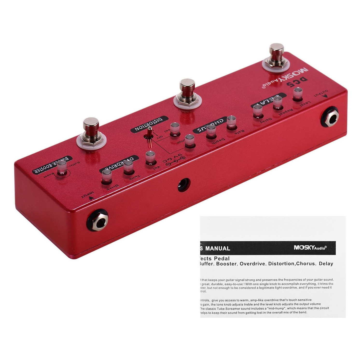 Pédale d'effets de guitare tout-en-un 6-en-1|Buffer/ Boost/ Overdrive/ Distortion/ Chorus/ Delay|Chaîne de tonalité de qualité professionnelle