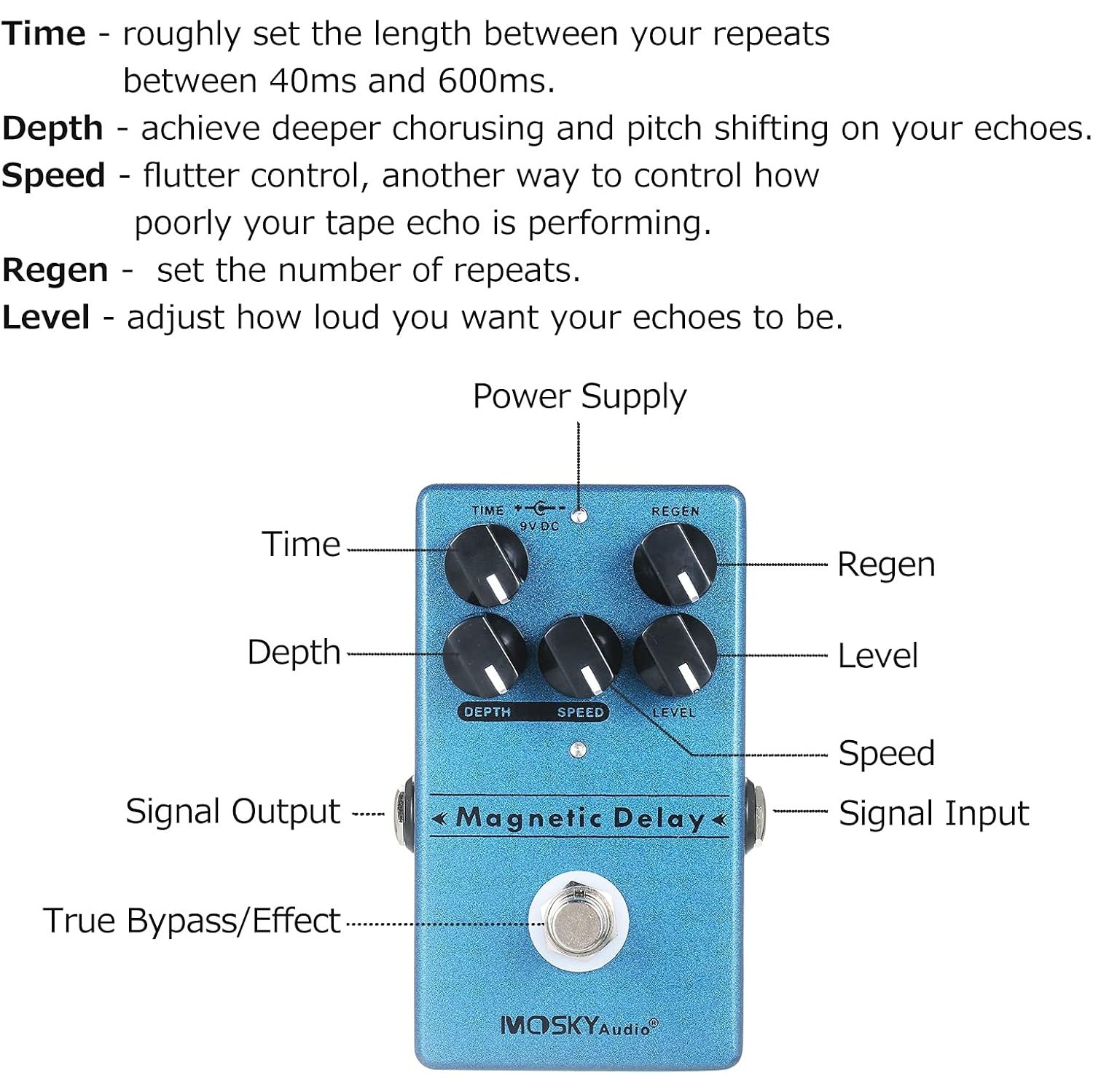 Guitar Delay Effects | 40-600ms adjustable | Modulation Depth Control | Tape Simulation | Full Metal Body