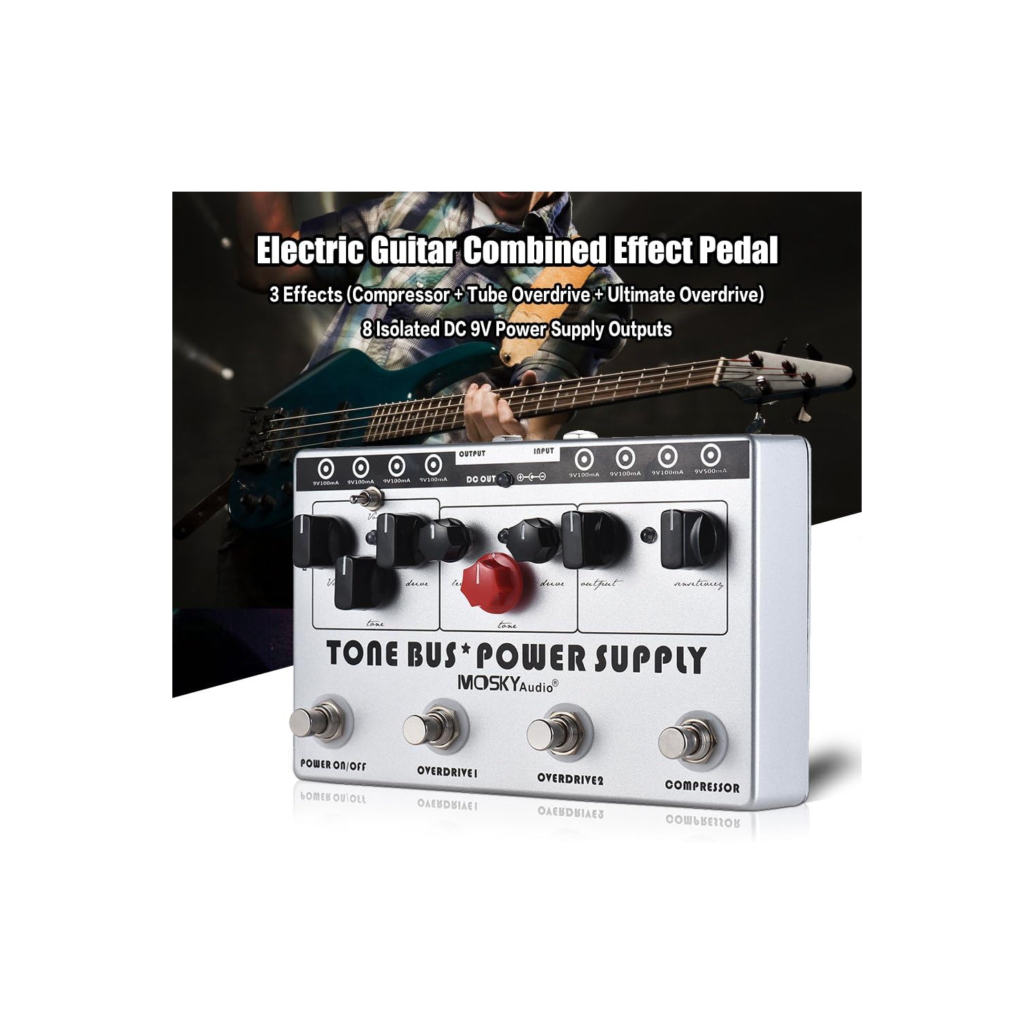 Effets de guitare professionnels 3-en-1 + système d'alimentation | Compression + double surcharge | 8 blocs d'alimentation indépendants | Chaîne de