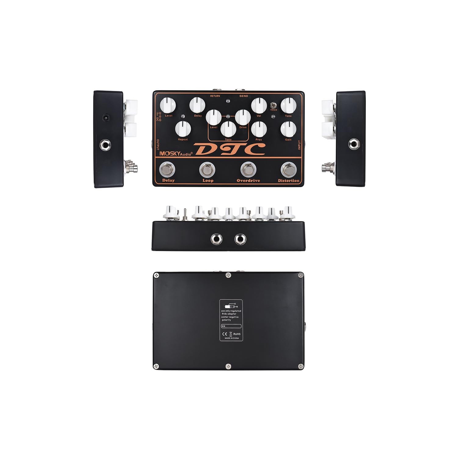 4-in-1 professional guitar effects pedal｜Distortion+Overdrive+Delay+FX Loop｜Dual distortion mode｜All-metal body