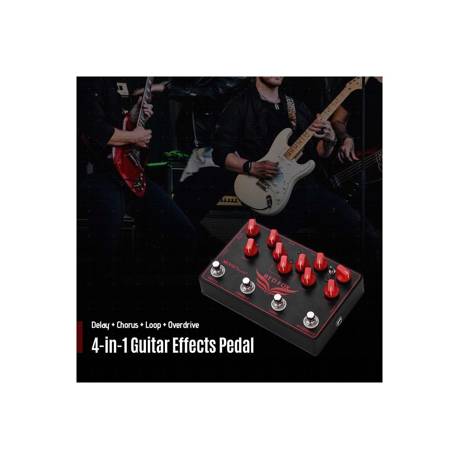 4-in-1 professional guitar effects pedal | Delay + Chorus + Overdrive + FX Loop | Dual-mode overdrive | Metal body