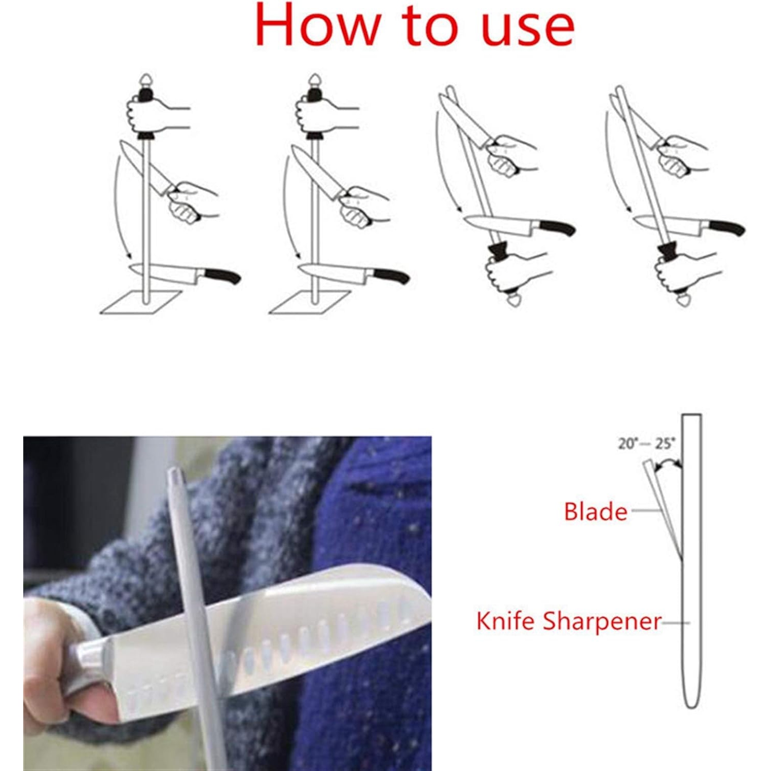 Chef Knife Sharpener, 8 Inch Diamond Sharpening Rod, Sharpening Steel for Kitchen Knives and Stainless Steel Knives, Knife Sharpener