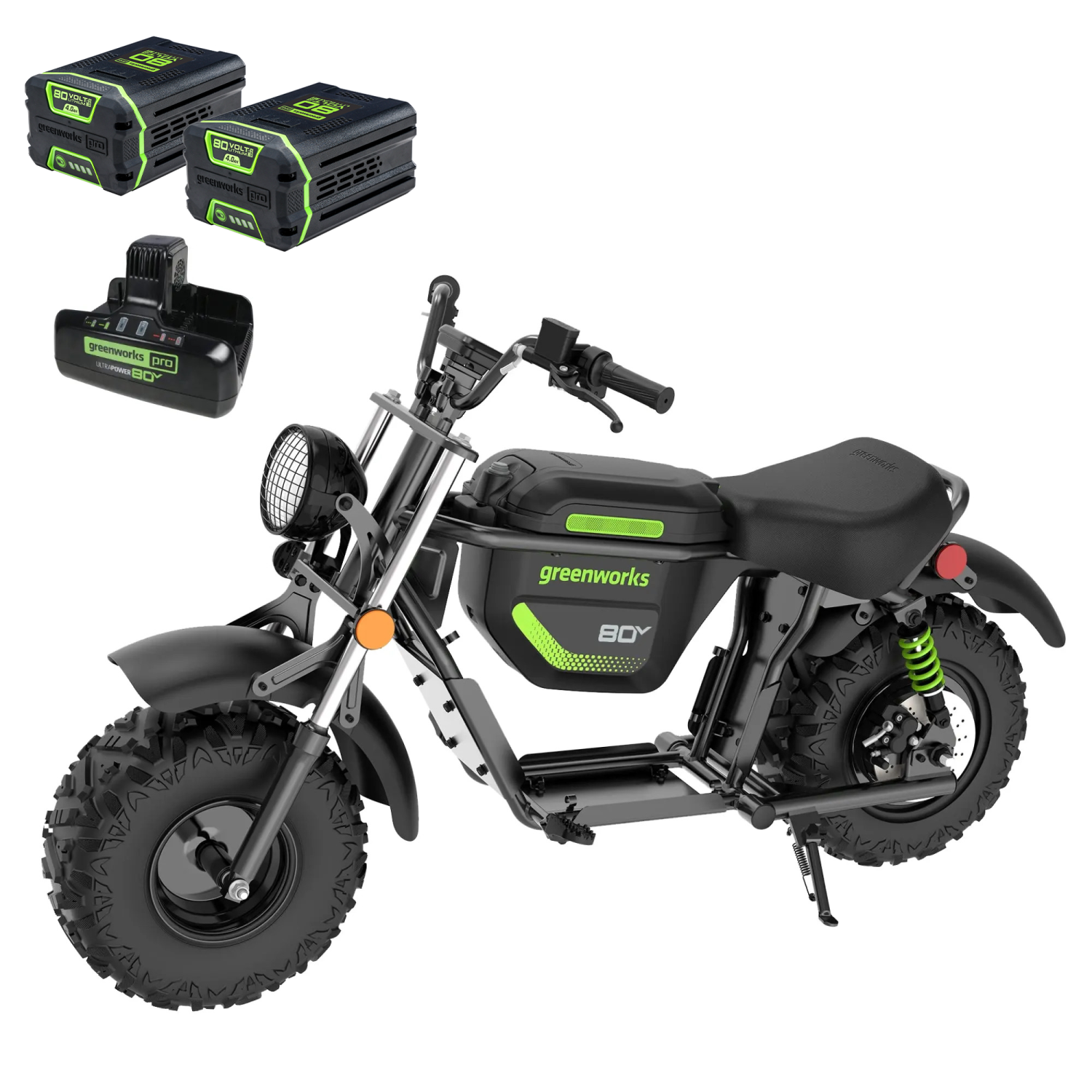 Minivélo 80&nbsp;V série Stealth 19&nbsp;po de Greenworks, 2 batteries 4&nbsp;Ah et chargeur à deux ports 8&nbsp;A inclus