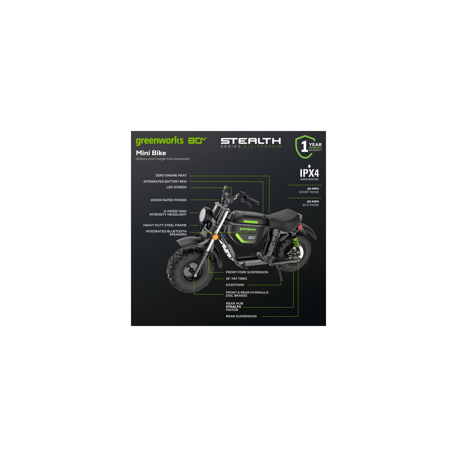 Minivélo 80&nbsp;V série Stealth 19&nbsp;po de Greenworks, 2 batteries 4&nbsp;Ah et chargeur à deux ports 8&nbsp;A inclus