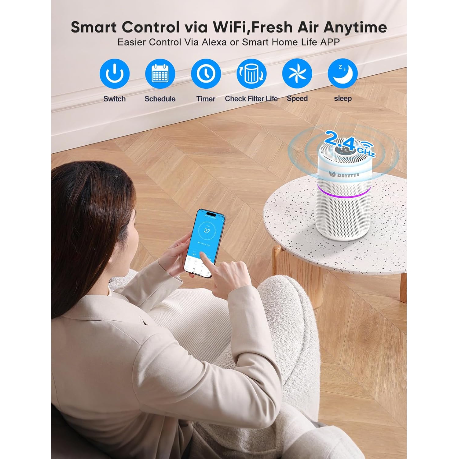 DAYETTE WiFi HEPA 13 Air Purifiers for Home - 1800 Sq.Ft Coverage, Smart Air Cleaner with Colorful Ambient Lighting, 20dB Sleep Mode, Removes