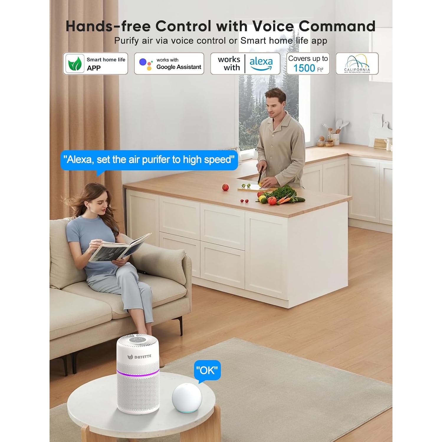 DAYETTE WiFi HEPA 13 Air Purifiers for Home - 1800 Sq.Ft Coverage, Smart Air Cleaner with Colorful Ambient Lighting, 20dB Sleep Mode, Removes