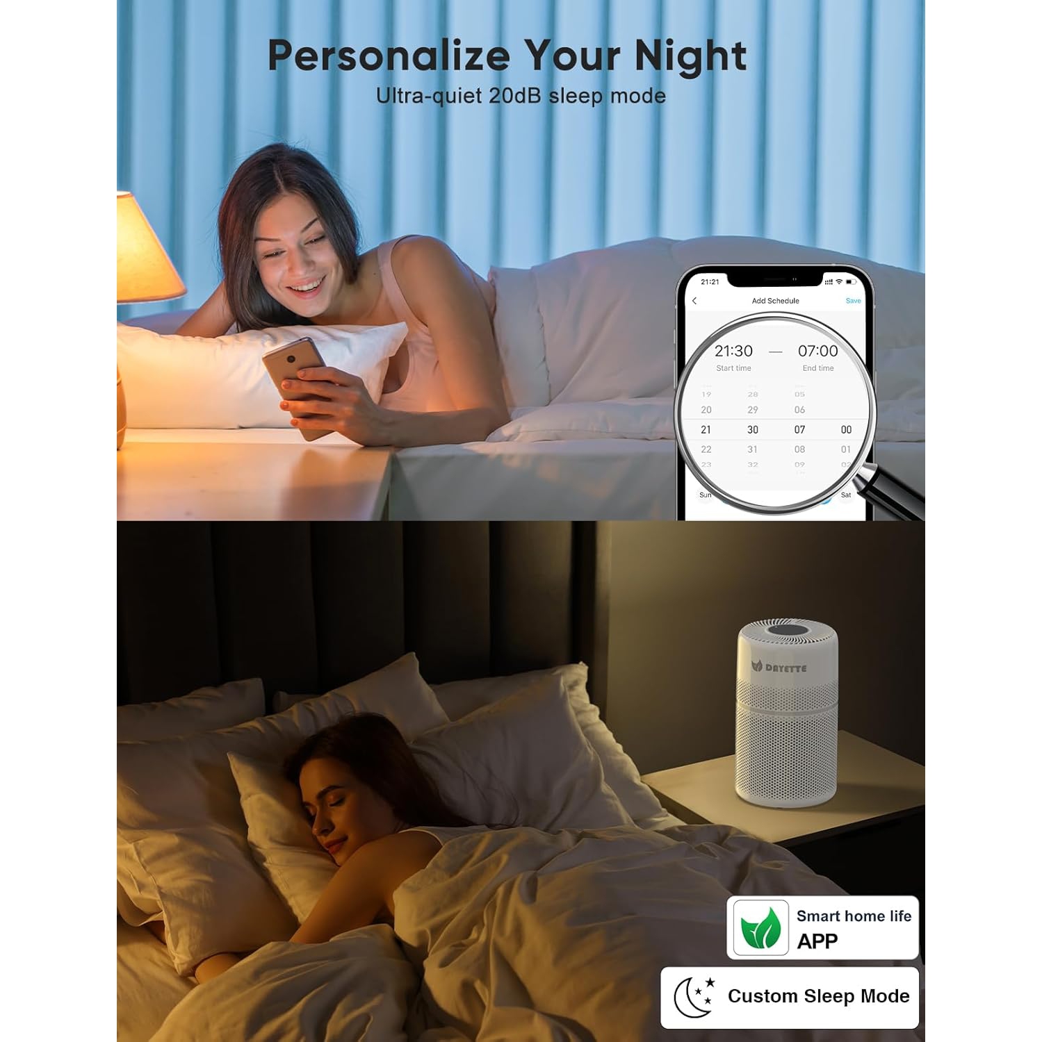 DAYETTE WiFi HEPA 13 Air Purifiers for Home - 1800 Sq.Ft Coverage, Smart Air Cleaner with Colorful Ambient Lighting, 20dB Sleep Mode, Removes