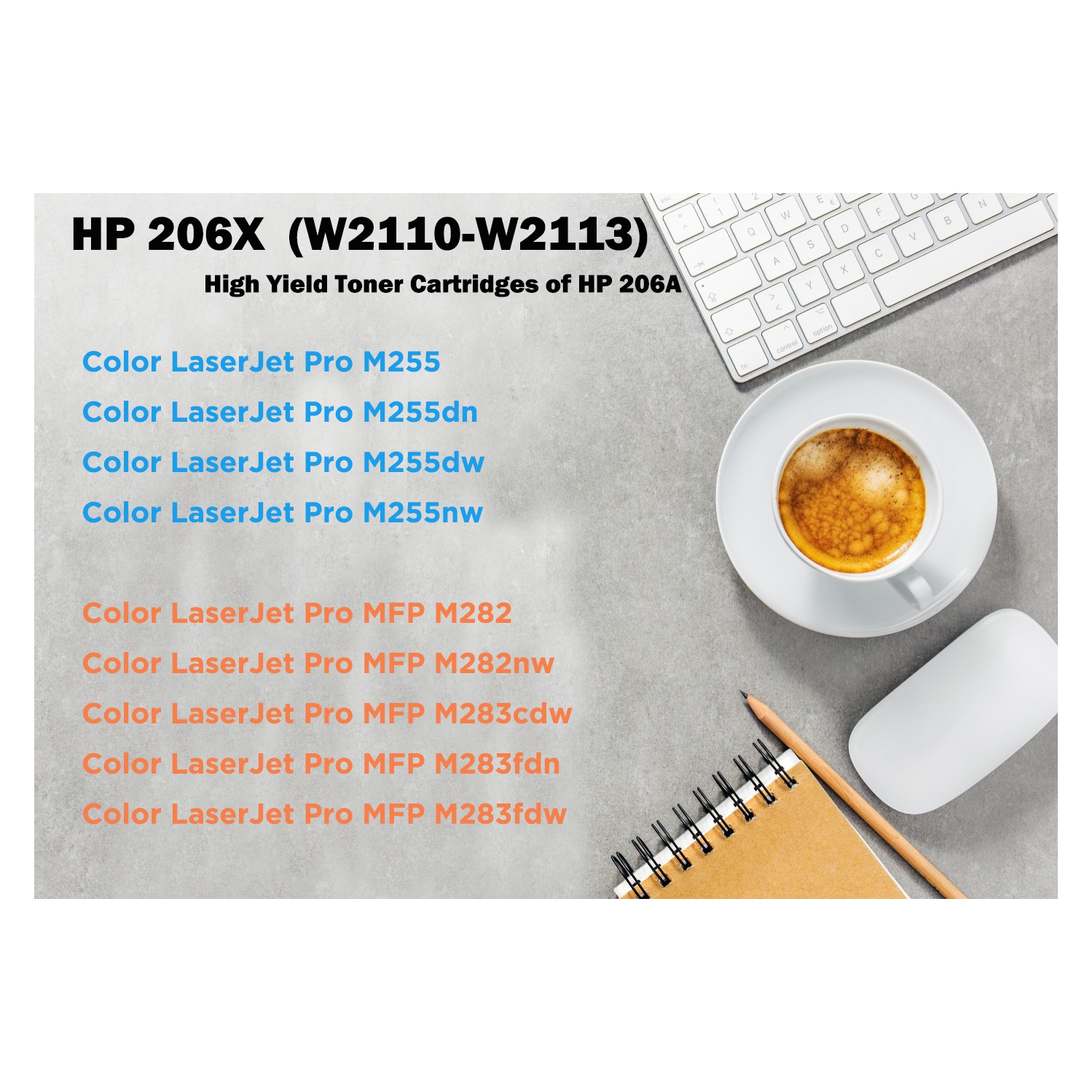 Cartouche d'encre en poudre couleur HP 206X W2110X/HP 206 A 2110 A hp206 compatible avec LaserJet Pro M255 M255dn M255dw M255nw MFP M282