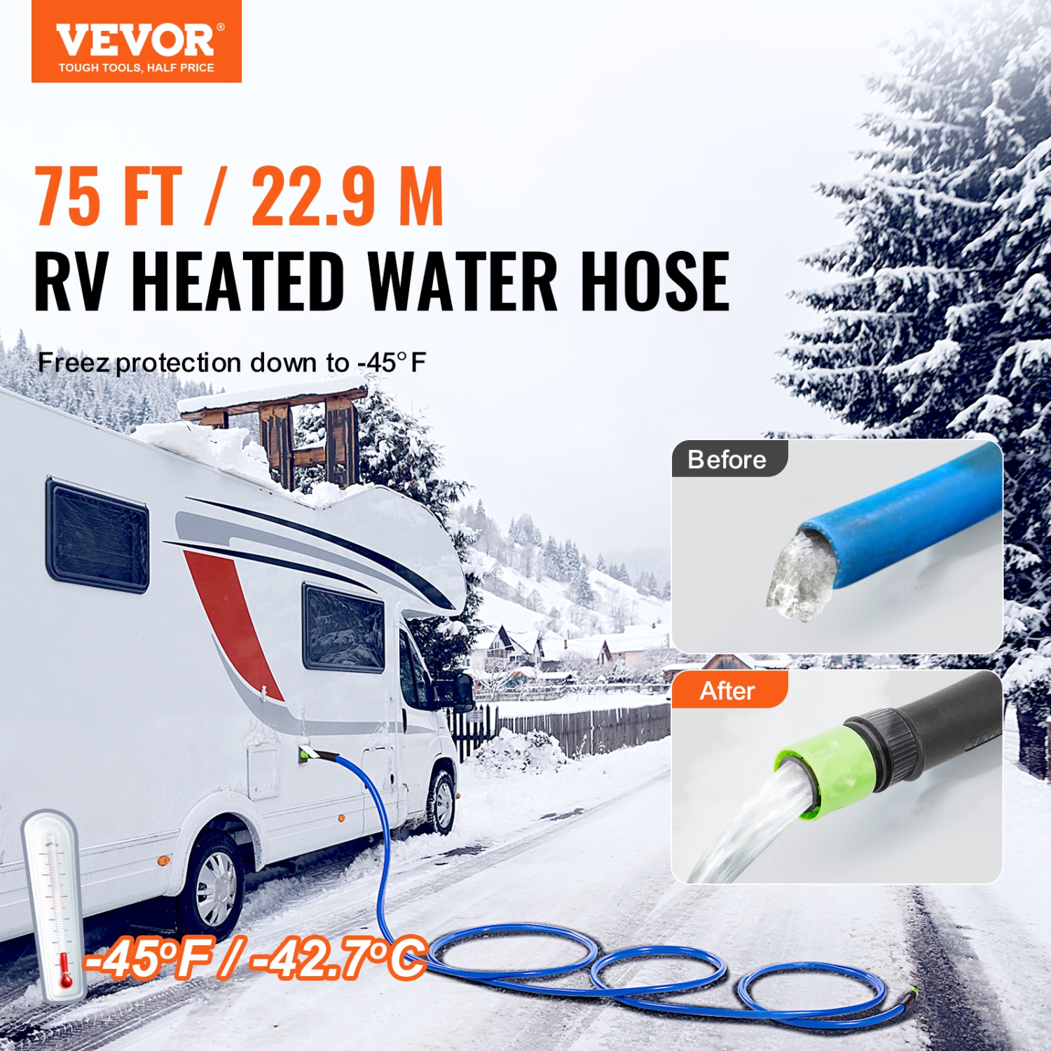 VEVOR 75ft Heated Water Hose for RV, Heated Drinking Water Hose Antifreeze to -45°F, Automatic Self-regulating, 5/8" I.D. with 3/4" GHT Adapter, Lead