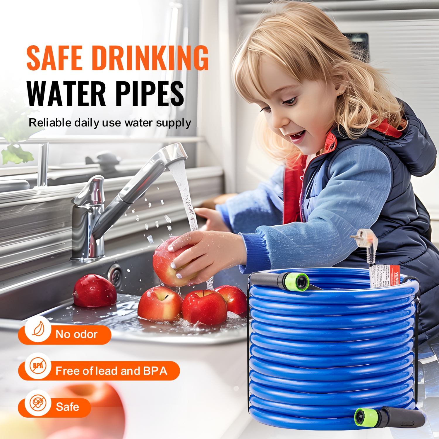 VEVOR 75ft Heated Water Hose for RV, Heated Drinking Water Hose Antifreeze to -45°F, Automatic Self-regulating, 5/8" I.D. with 3/4" GHT Adapter, Lead