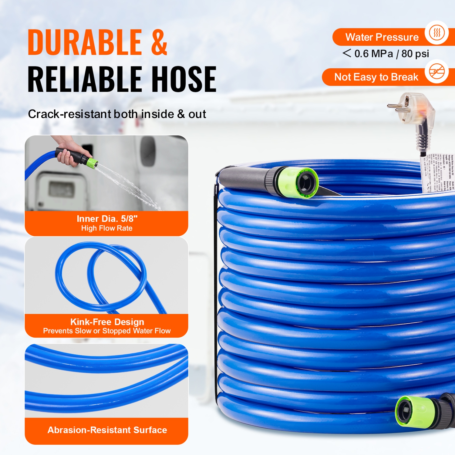 VEVOR 75ft Heated Water Hose for RV, Heated Drinking Water Hose Antifreeze to -45°F, Automatic Self-regulating, 5/8" I.D. with 3/4" GHT Adapter, Lead