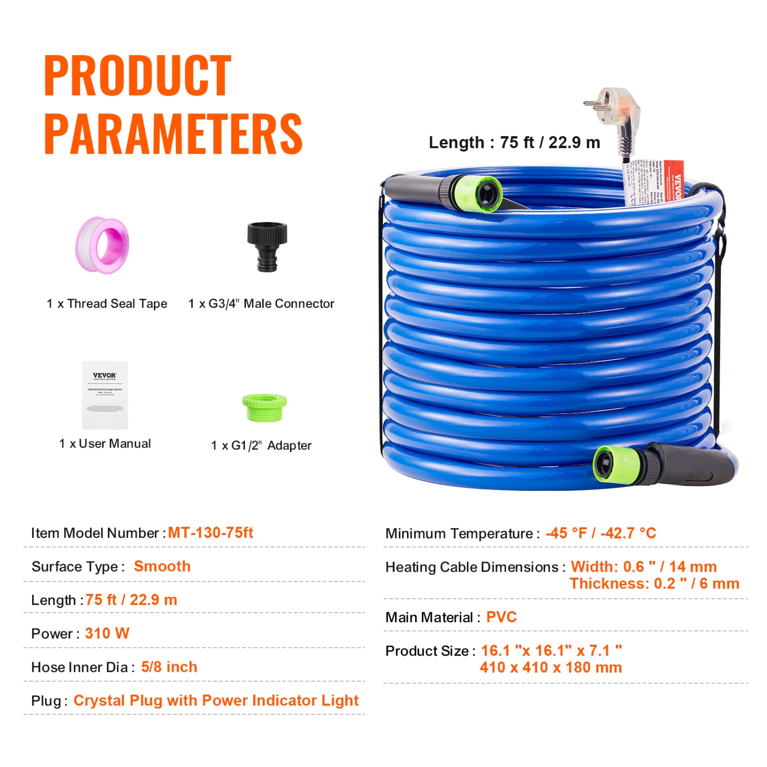 VEVOR 75ft Heated Water Hose for RV, Heated Drinking Water Hose Antifreeze to -45°F, Automatic Self-regulating, 5/8" I.D. with 3/4" GHT Adapter, Lead