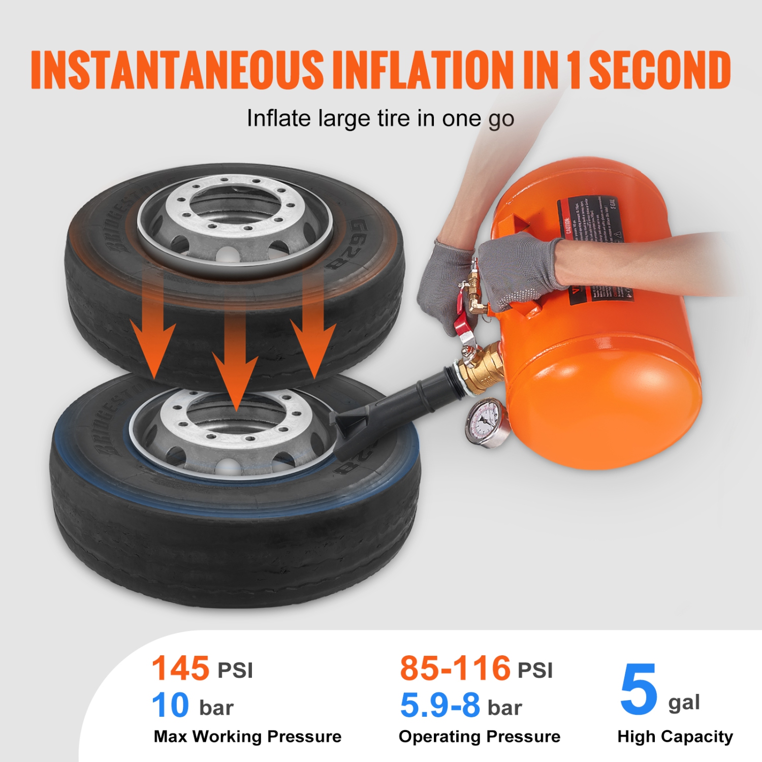 VEVOR 5 Gallon/19L Tire Bead Blaster, Includes Pressure Gauge & Handle, 145 PSI Max Inflation Tank, Operates Between 85-116 PSI for Cars, Trucks, and