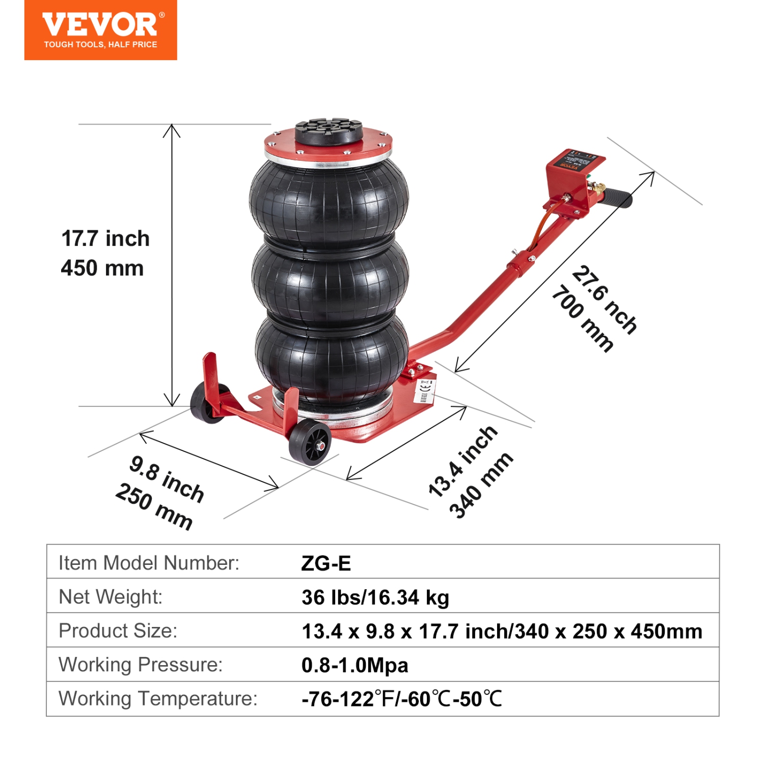 VEVOR 3 Ton/6600 lbs Air Jack, Triple Bag Air Jack, Airbag Jack with Six Steel Pipes, Lift up to 17.7 inch/450 mm, 3-5 s Fast Lifting Pneumatic Jack,