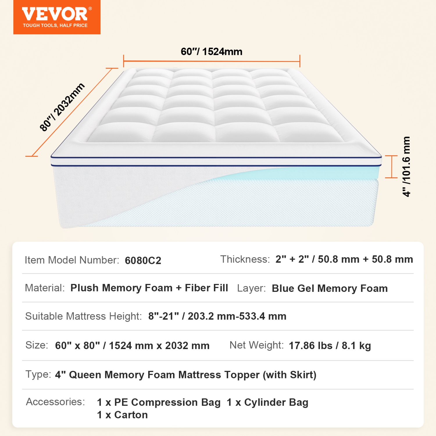 Surmatelas VEVOR 4&nbsp;po épais, grand lit, mousse à mémoire, bourre en fibres, amovible et lavable Conçu de façon ergonomique pour soulager la