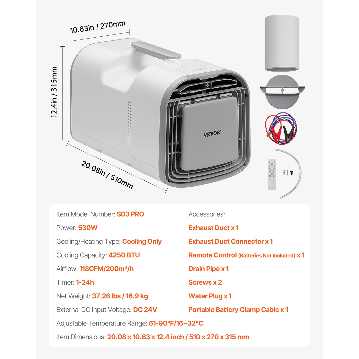 Climatiseur portatif VEVOR 4250&nbsp;BTU, climatiseur à 3 vitesses avec minuterie 24H, climatiseur portatif réglable de 16-32 ℃, compatible avec