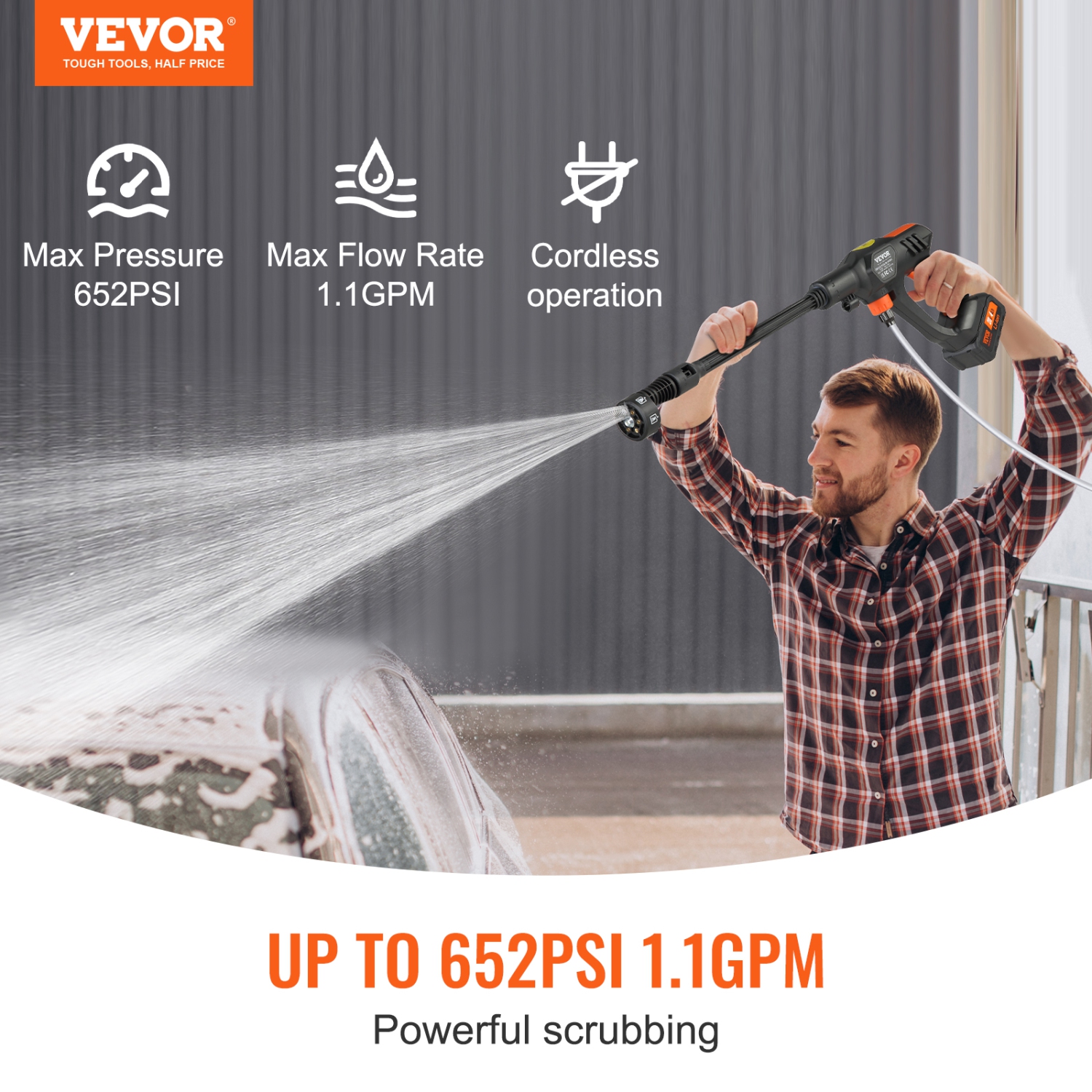 VEVOR 1.1 GPM Cordless Pressure Washer, 652-PSI Portable Power Cleaner, Handheld High-Pressure Car Washer Gun with 4.0Ah Battery, Charger, 6-in-1