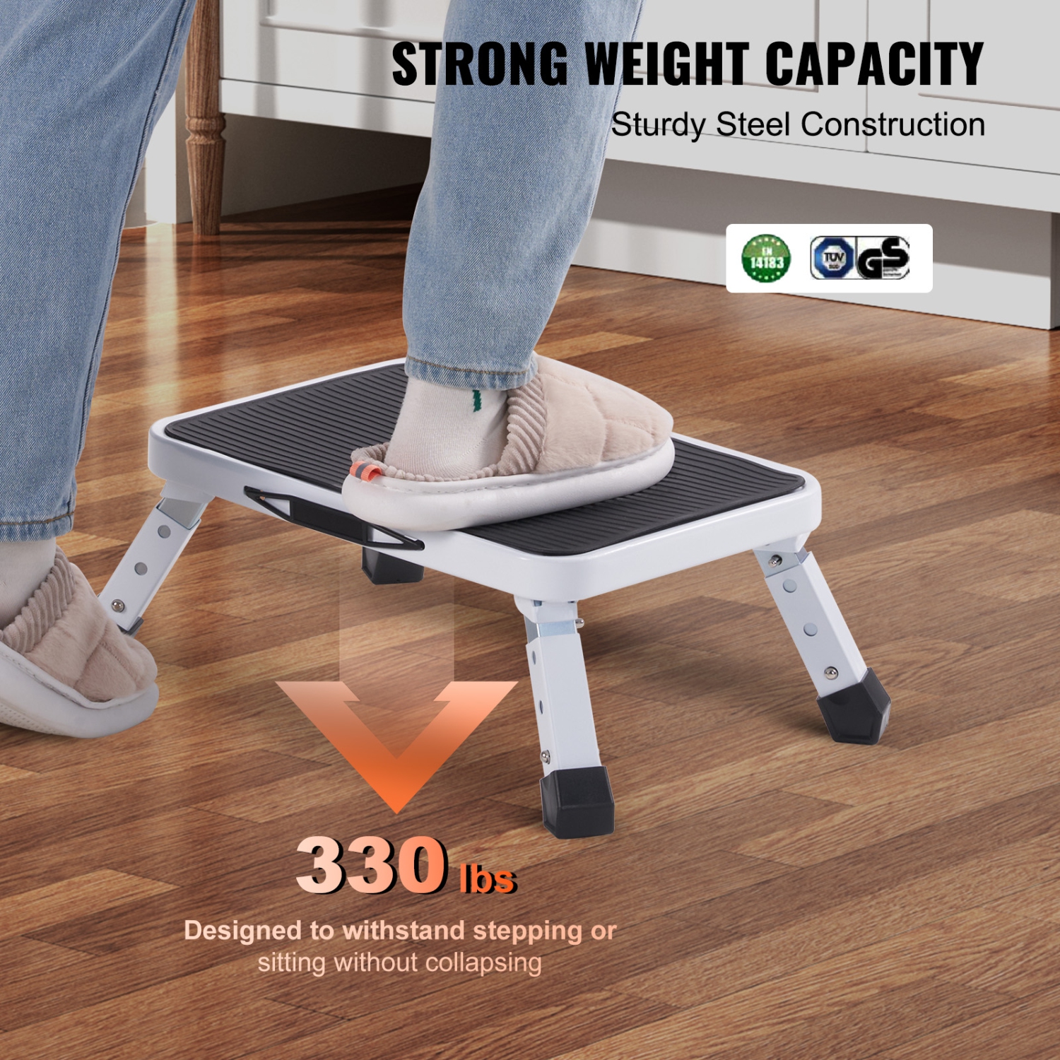 VEVOR Step Stool 1-Step 330lbs Capacity, Folding Steel Step Ladder 3 Adjustable Height, Portable Toddler Step Stools for Adults, Non-Slip Sturdy Step