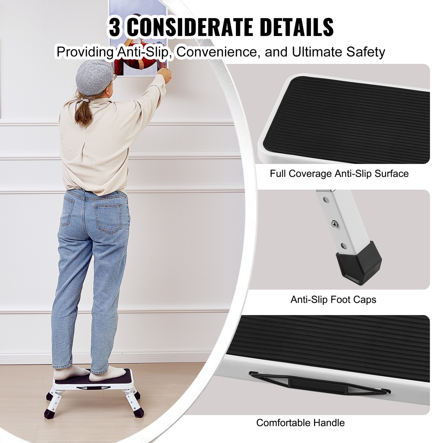 VEVOR Step Stool 1-Step 330lbs Capacity, Folding Steel Step Ladder 3 Adjustable Height, Portable Toddler Step Stools for Adults, Non-Slip Sturdy Step