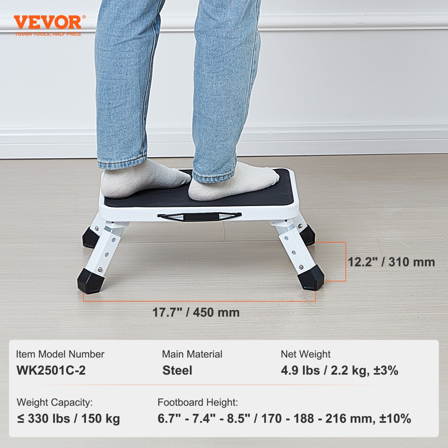 VEVOR Step Stool 1-Step 330lbs Capacity, Folding Steel Step Ladder 3 Adjustable Height, Portable Toddler Step Stools for Adults, Non-Slip Sturdy Step
