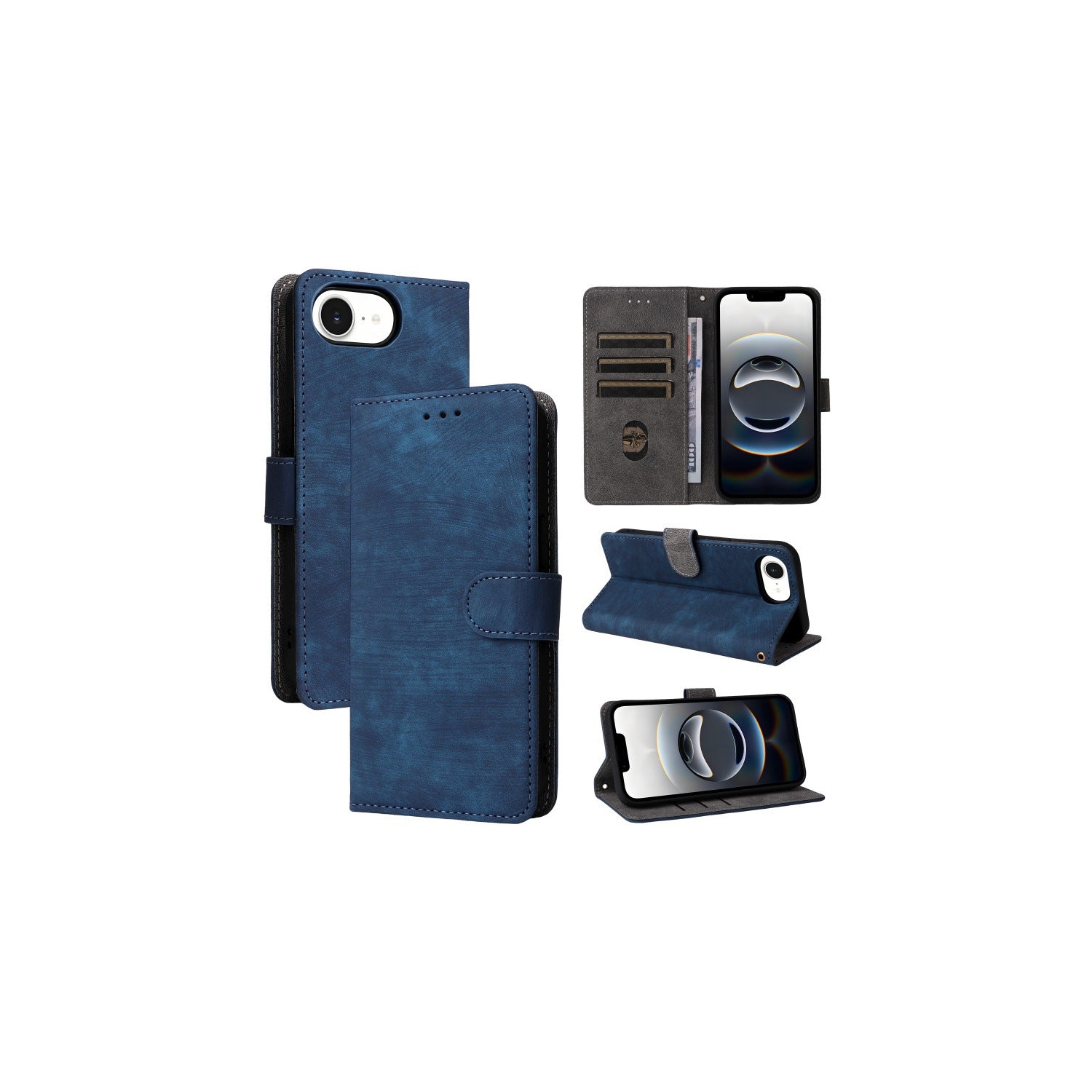 Étui portefeuille en suède bleu marine de PANDACO pour iPhone 16e