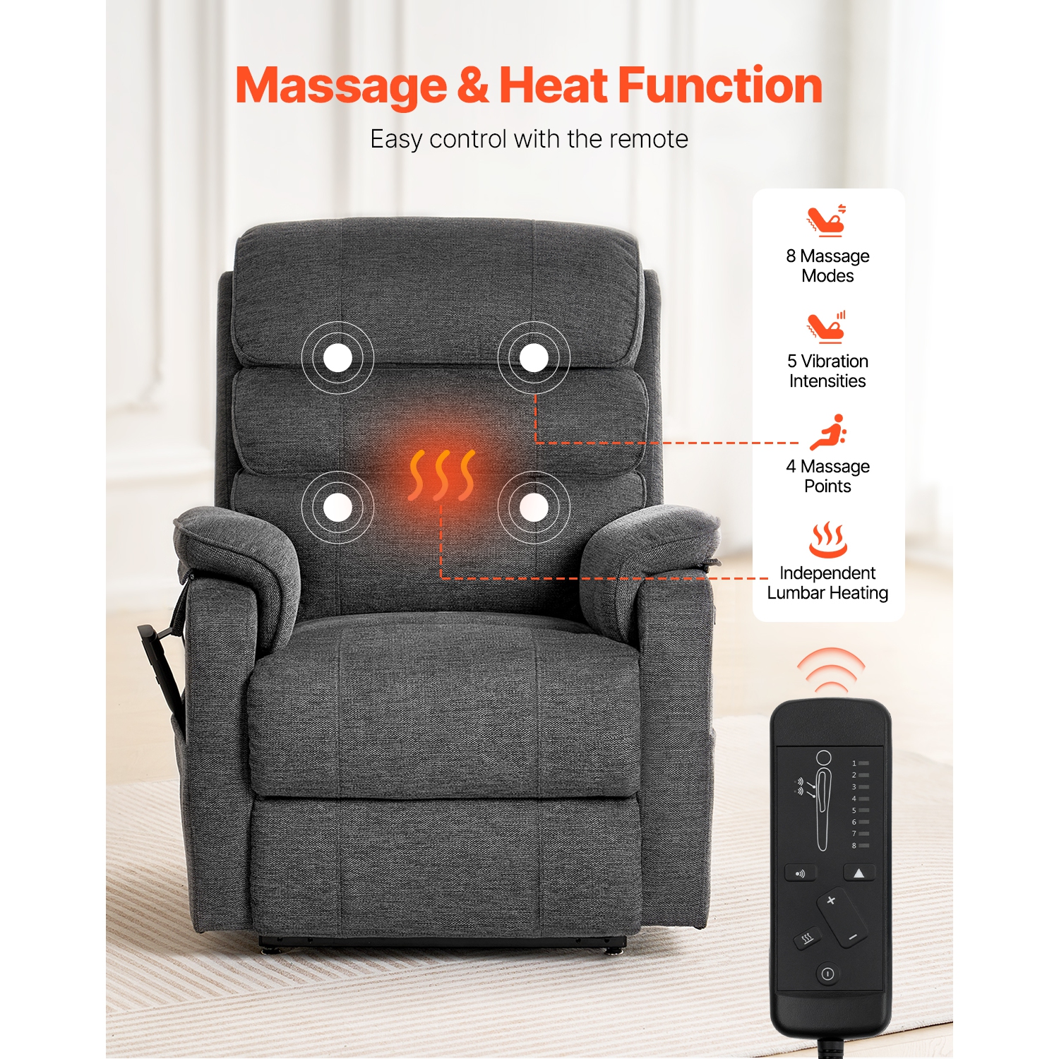 VEVOR Power Lift Recliner Chair, Lift Chair with Heat and Massage, Dual Motor Recliner Chair with 2 Anti-Fall Ropes, Infinite Position Adjustment