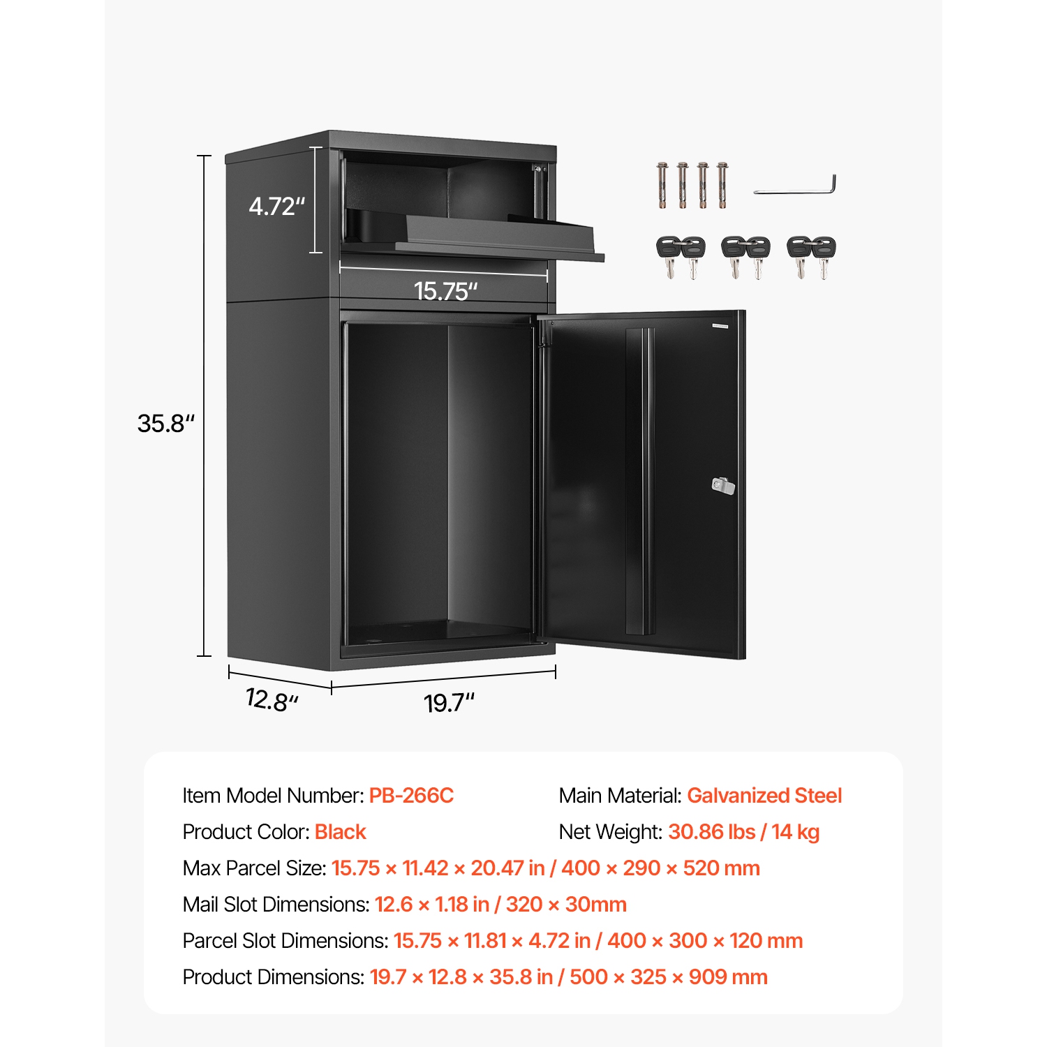 VEVOR 35.8 in Package Delivery Boxes for Outside, Mailbox for Parcel with Lock, Galvanized Steel Package Drop Box with Anti-Theft Design,