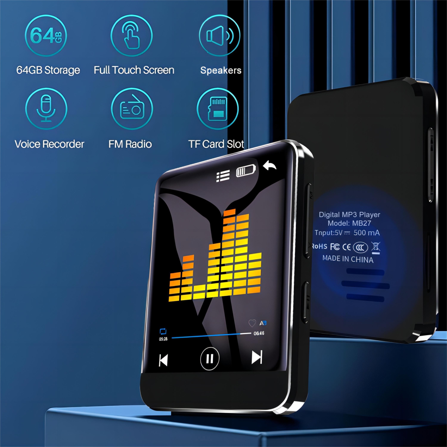 64GB MP3 Player with Bluetooth,Music Player with 1.8" Touch Screen,MP3 Player with Speaker FM Radio Recording