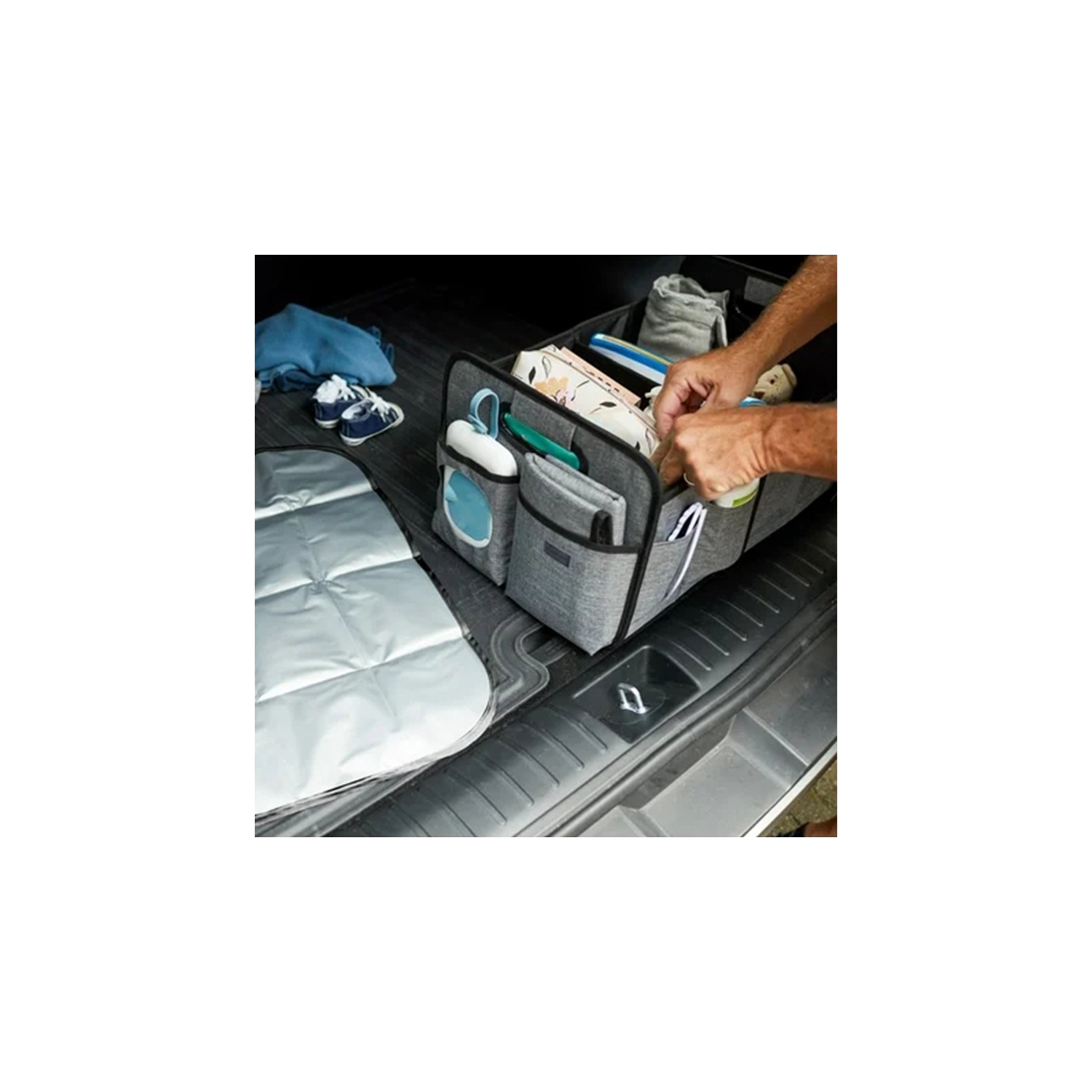 Car storage box, car supplies trunk storage box, storage box, folding, portable car organizer bag with multiple pockets - gray