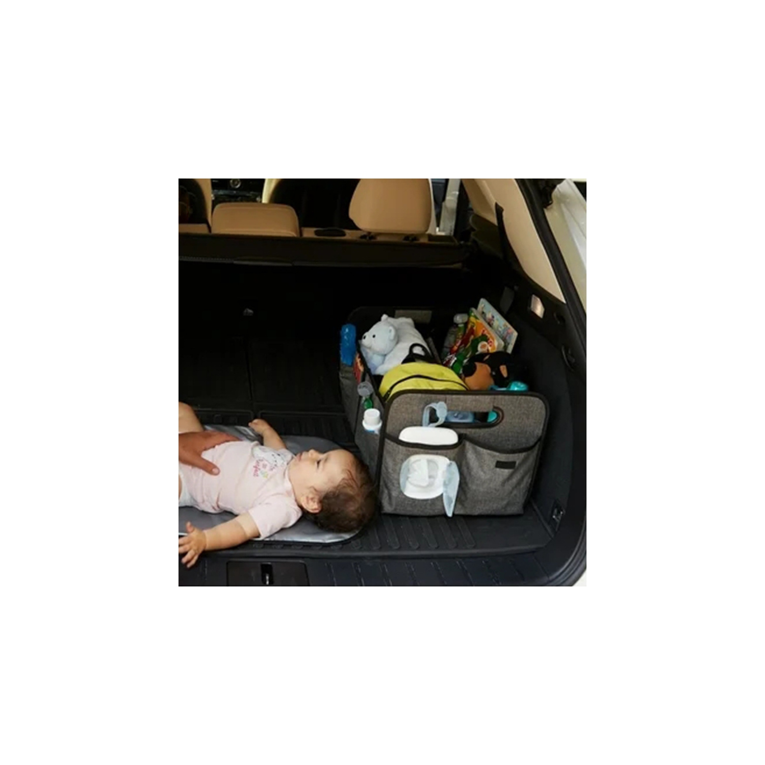 Car storage box, car supplies trunk storage box, storage box, folding, portable car organizer bag with multiple pockets - gray