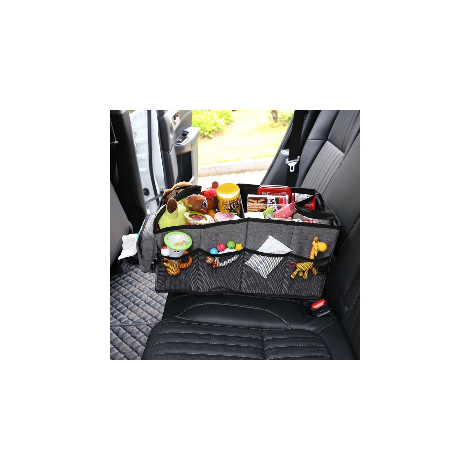 Car storage box, car supplies trunk storage box, storage box, folding, portable car organizer bag with multiple pockets - gray